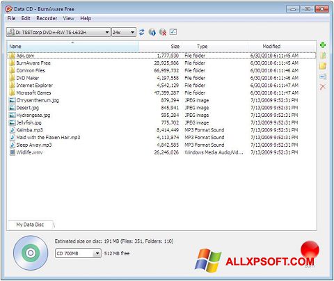 Ekrānuzņēmums BurnAware Free Windows XP