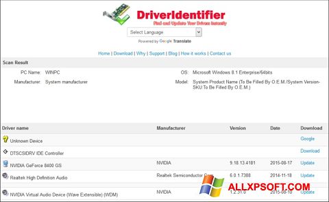 Ekrānuzņēmums Driver Identifier Windows XP