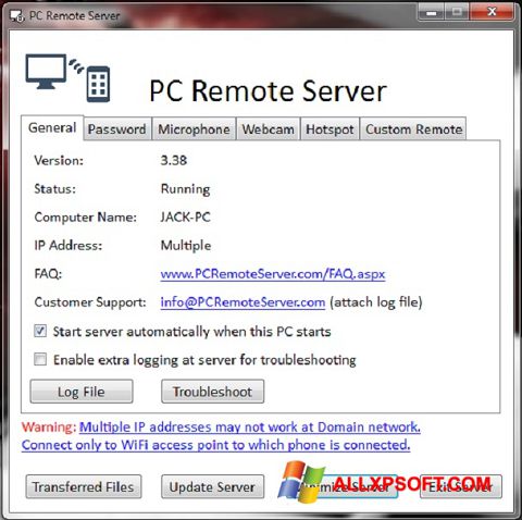 Ekrānuzņēmums PC Remote Server Windows XP