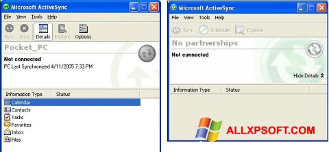 Ekrānuzņēmums Microsoft ActiveSync Windows XP