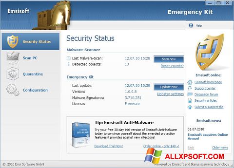 Ekrānuzņēmums Emsisoft Emergency Kit Windows XP
