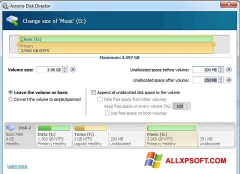 Ekrānuzņēmums Acronis Disk Director Suite Windows XP