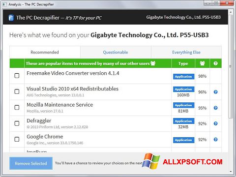 Ekrānuzņēmums PC Decrapifier Windows XP