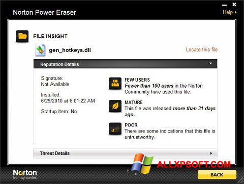 Ekrānuzņēmums Norton Power Eraser Windows XP