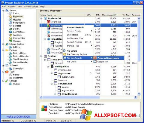 Ekrānuzņēmums System Explorer Windows XP