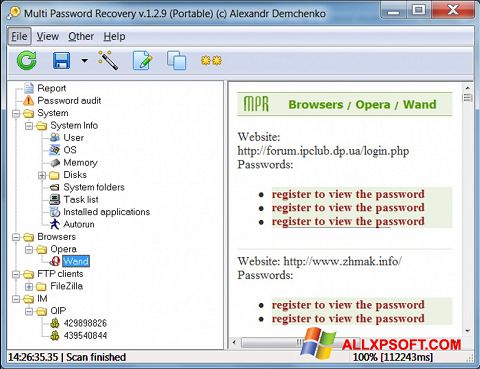 Ekrānuzņēmums Multi Password Recovery Windows XP