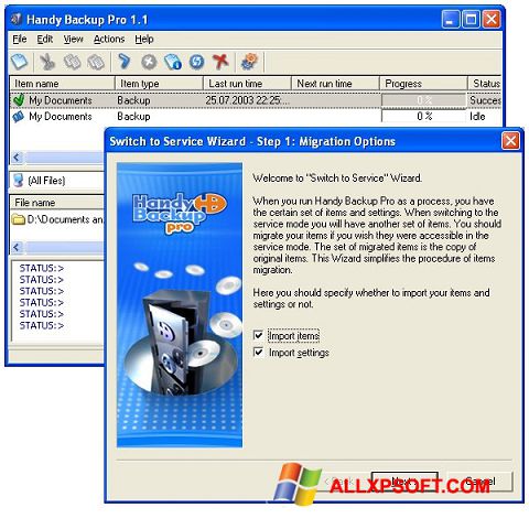 Ekrānuzņēmums Handy Backup Windows XP