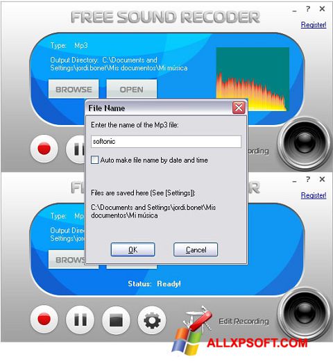 Ekrānuzņēmums Free Sound Recorder Windows XP