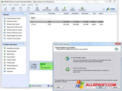 Ekrānuzņēmums AOMEI Partition Assistant Windows XP
