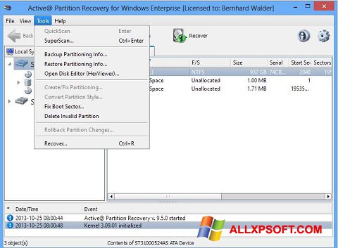 Ekrānuzņēmums Active Partition Recovery Windows XP