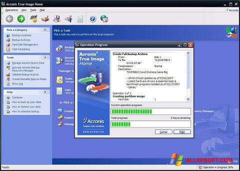 Ekrānuzņēmums Acronis True Image Windows XP