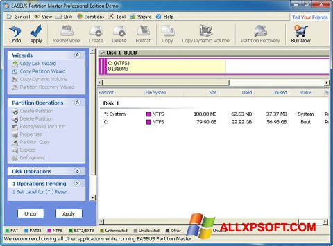 Ekrānuzņēmums EASEUS Partition Master Windows XP