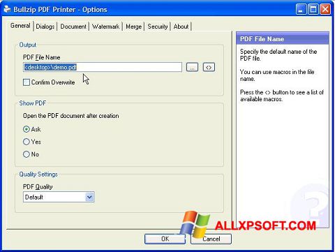 Ekrānuzņēmums BullZip PDF Printer Windows XP