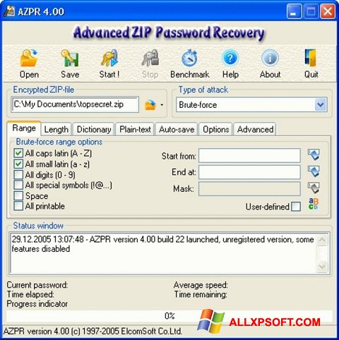 Ekrānuzņēmums Advanced Archive Password Recovery Windows XP