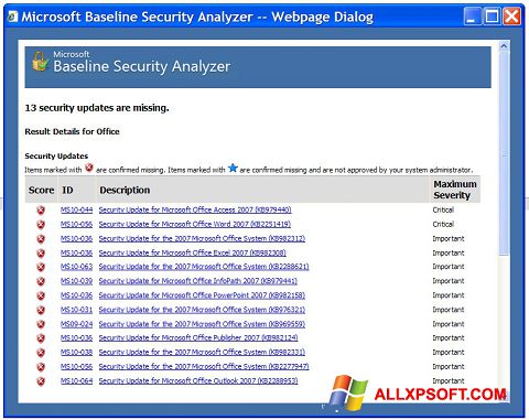 Ekrānuzņēmums Microsoft Baseline Security Analyzer Windows XP