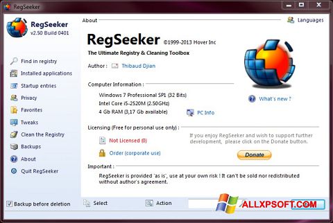 Ekrānuzņēmums RegSeeker Windows XP