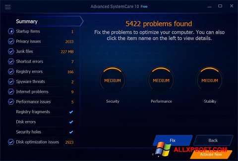 Ekrānuzņēmums Advanced SystemCare Free Windows XP
