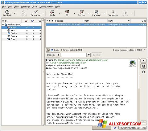 Ekrānuzņēmums Claws Mail Windows XP
