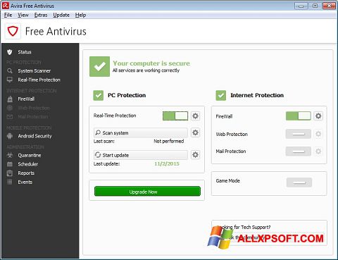 Ekrānuzņēmums Avira Free Antivirus Windows XP