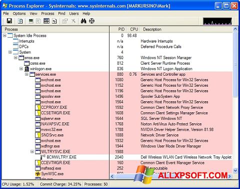 Ekrānuzņēmums Process Explorer Windows XP