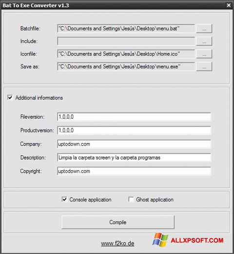Ekrānuzņēmums Bat To Exe Converter Windows XP