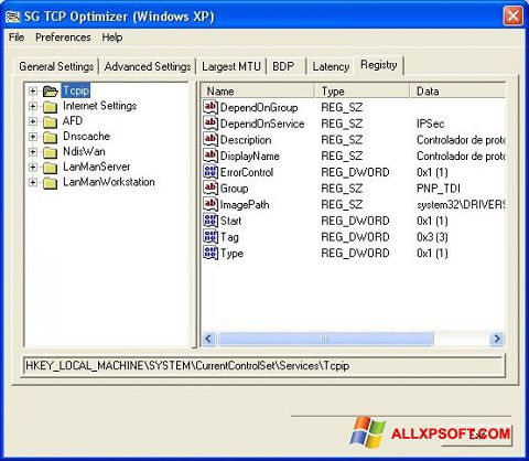 Ekrānuzņēmums TCP Optimizer Windows XP